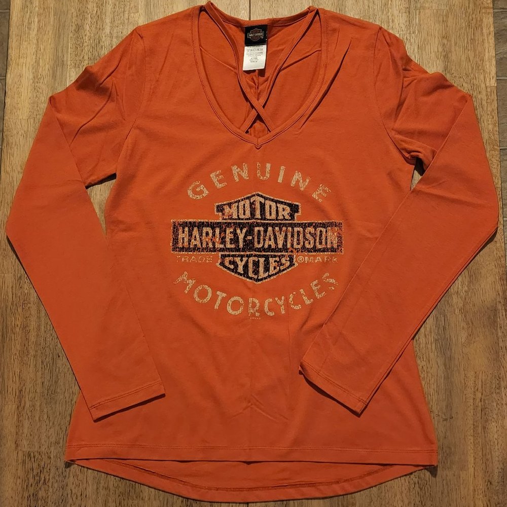 Women's Medium Orange Harley-Davidson Long Sleeve Tee with Cross Strap Detail